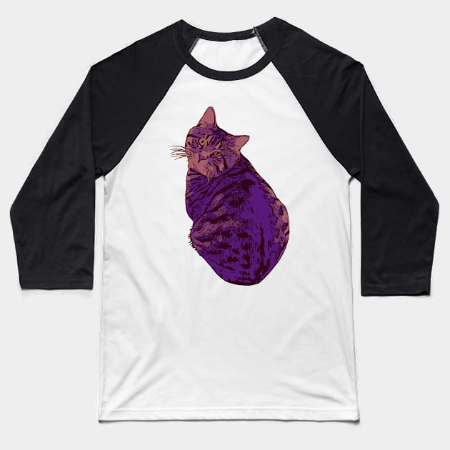 Fat Tabby Cat Purple Baseball T-Shirt by Griffelkinn